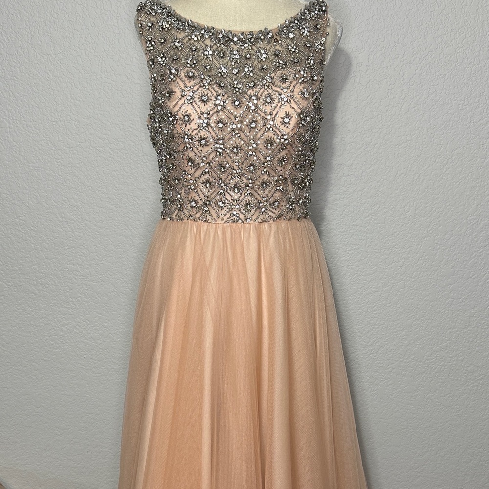 Glamour by Terani Couture Blush Silver Fit & Flare Sequined Prom Dress FLAWED 6
